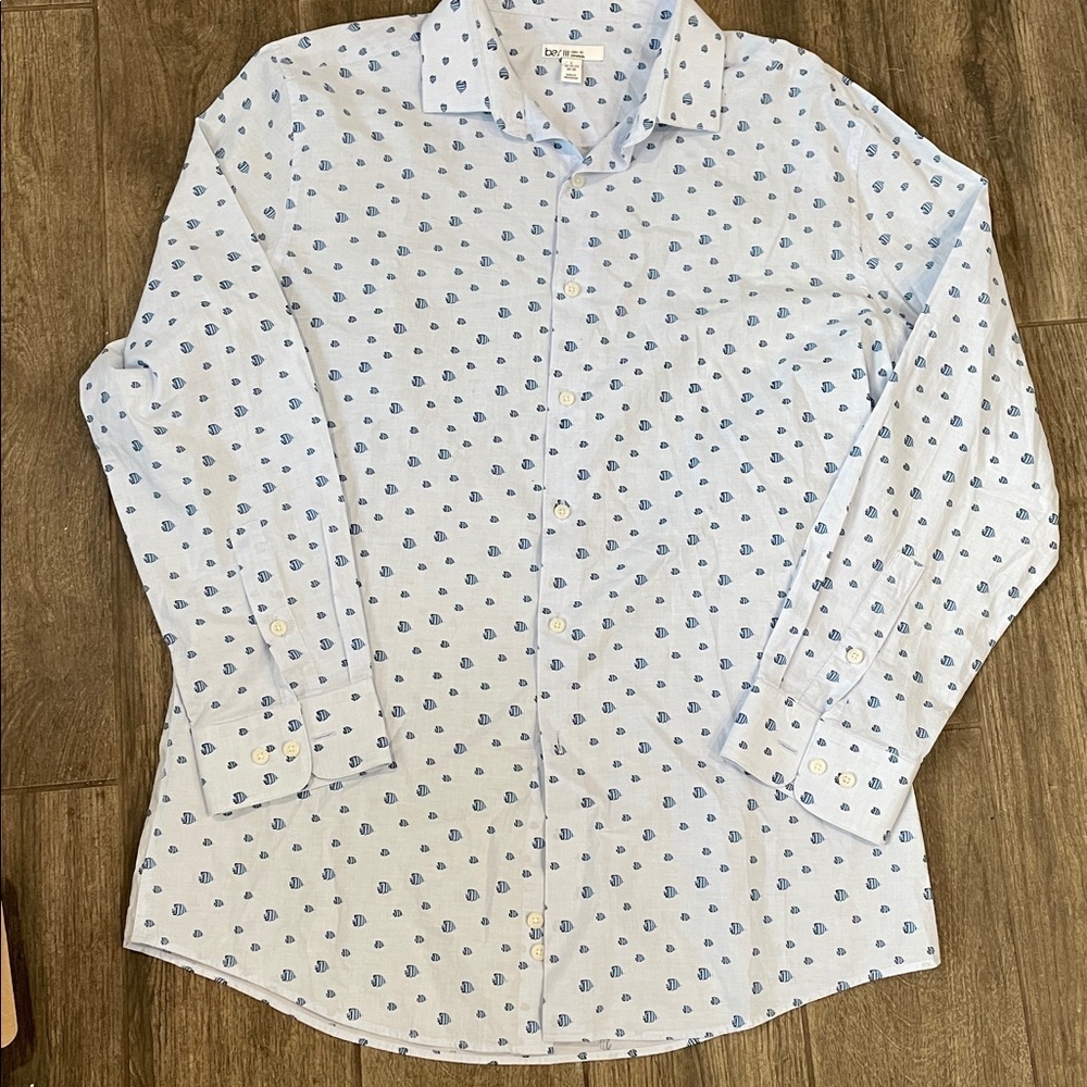 Bar III Blue Fish Pattern Cotton Button Down Shirt - Picture 2 of 5